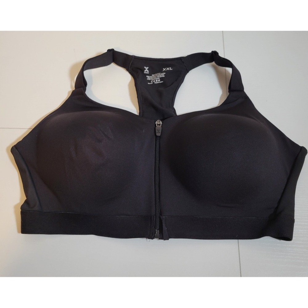 Xersion Zip Front Bra Size XXL 2XL Black Padded Wirefree Racerback Womens 1626